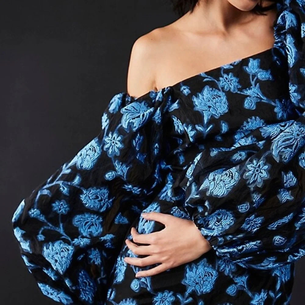 Free People Aureta Georgia Mini Dress NEW Size XS Formal Puff Sleeve Blue Floral - Picture 3 of 13
